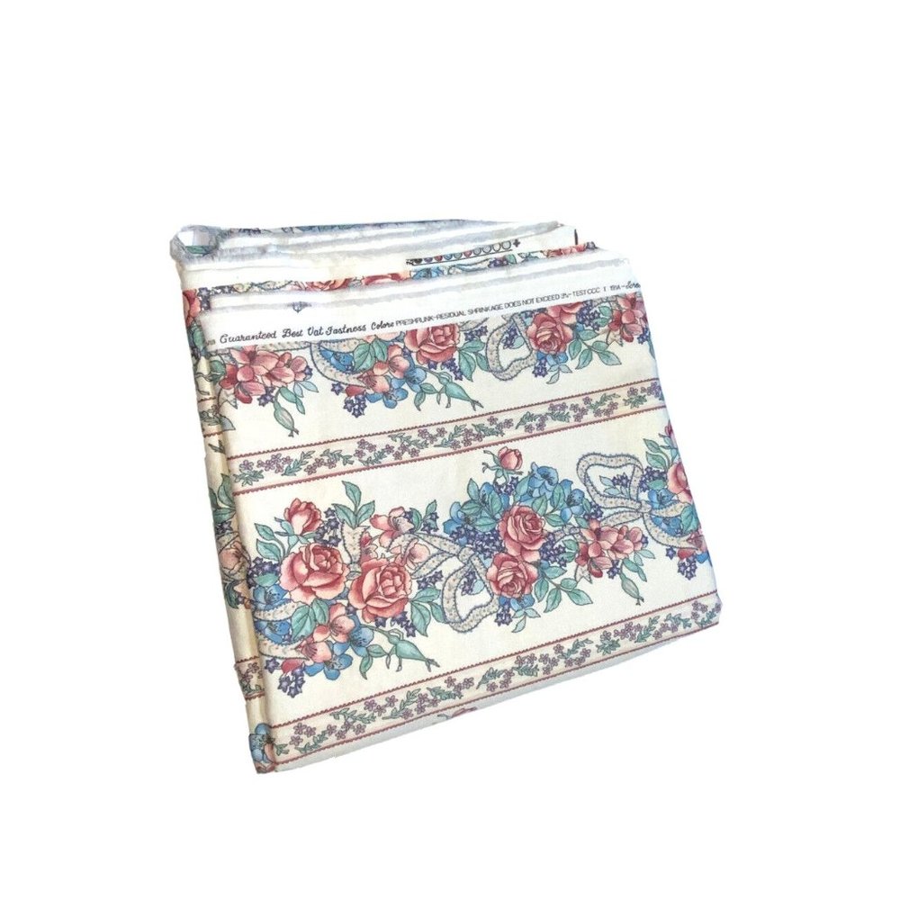 Rare House n Home Vintage 2.6 yd Fabric Bouquet Ribbon Floral Stripe Retired